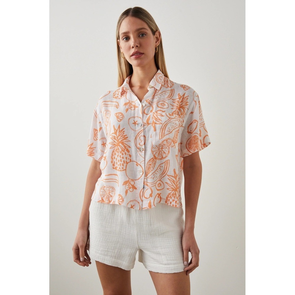 Rails Short Sleeve Linen Blend Fruit Print Payton Shirt Orange White Size Small